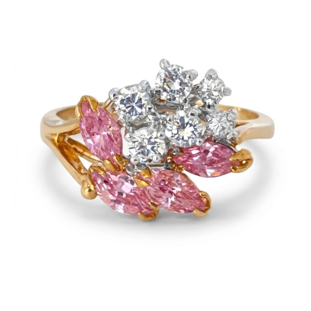Vintage 1970s Ring Size 8 Pink CZ Marquise Cluster Spray Gold Plated - 14L